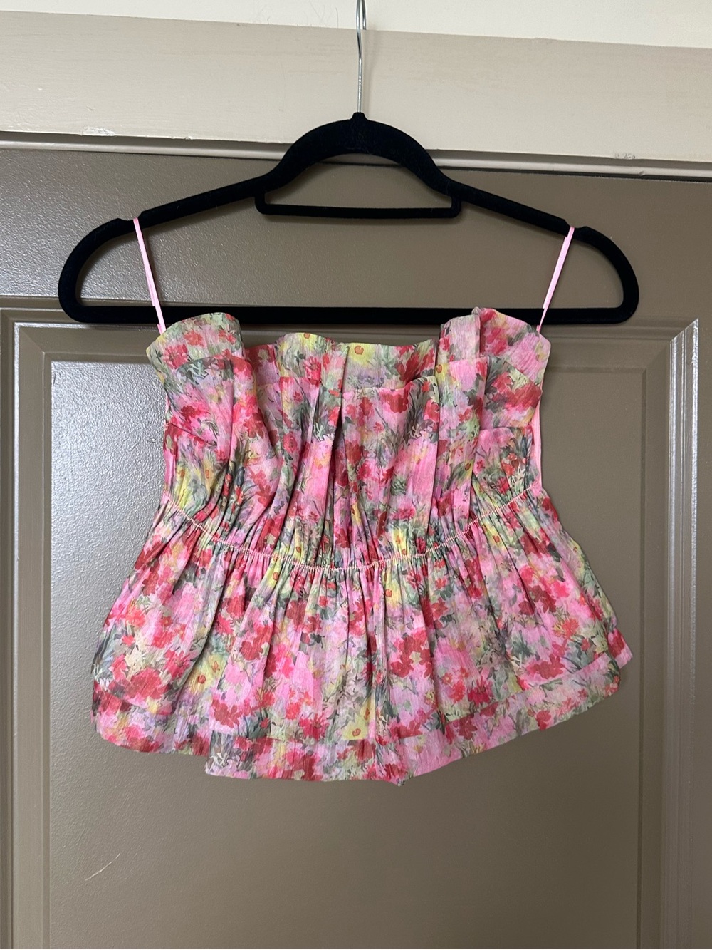 Floral Pink Strapless Ruffle Cropped Top, Size Small